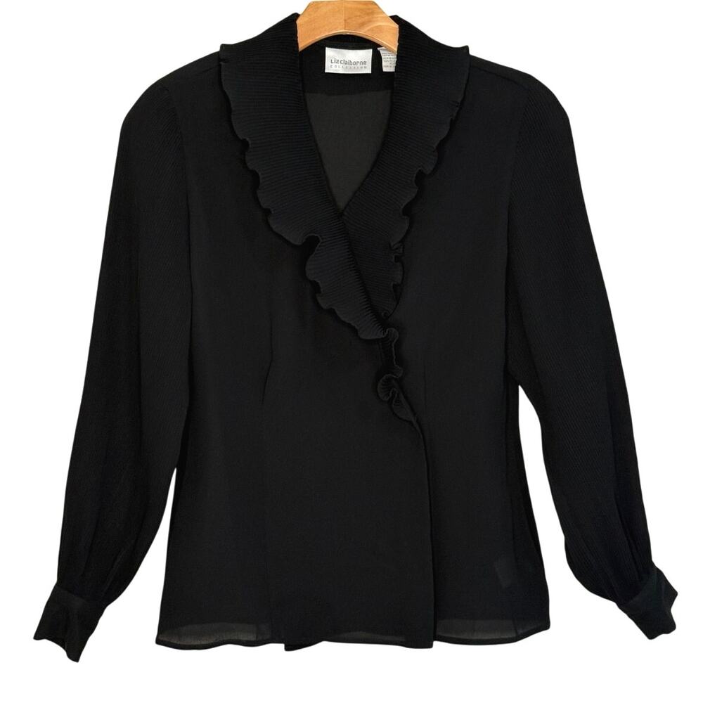 Liz Claiborne Collection VINTAGE black ruffle sheer blouse size 4